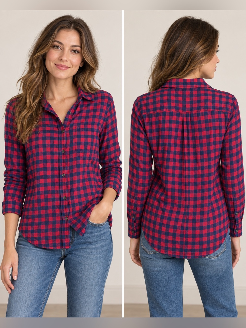 American Eagle Women’s Red Navy Plaid Check Button Down Long Sleeve Shirt M